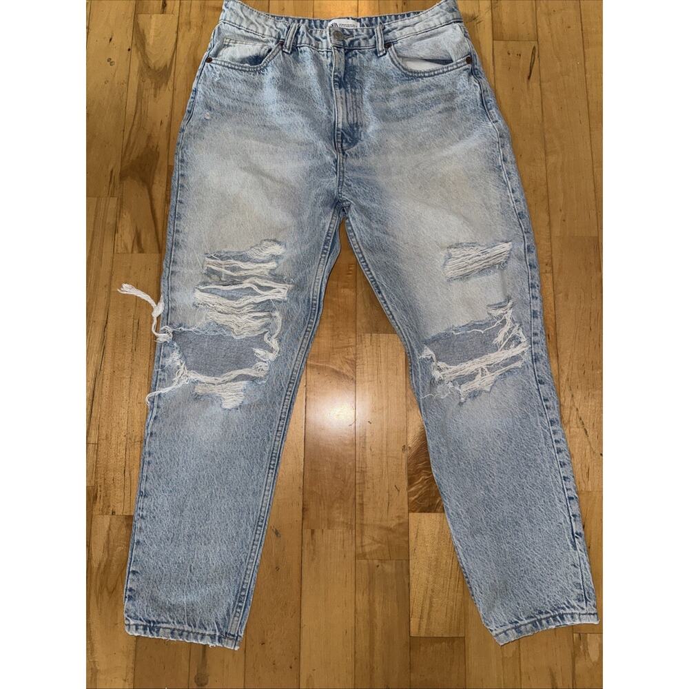 Zara Womens Distressed Ripped Mom Jeans Light Blue Size 10
